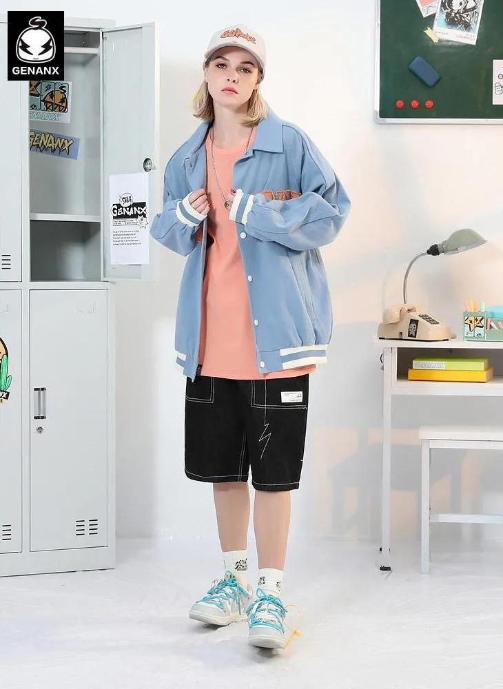 Letters Applique Snap Button Lapel Couple Jacket