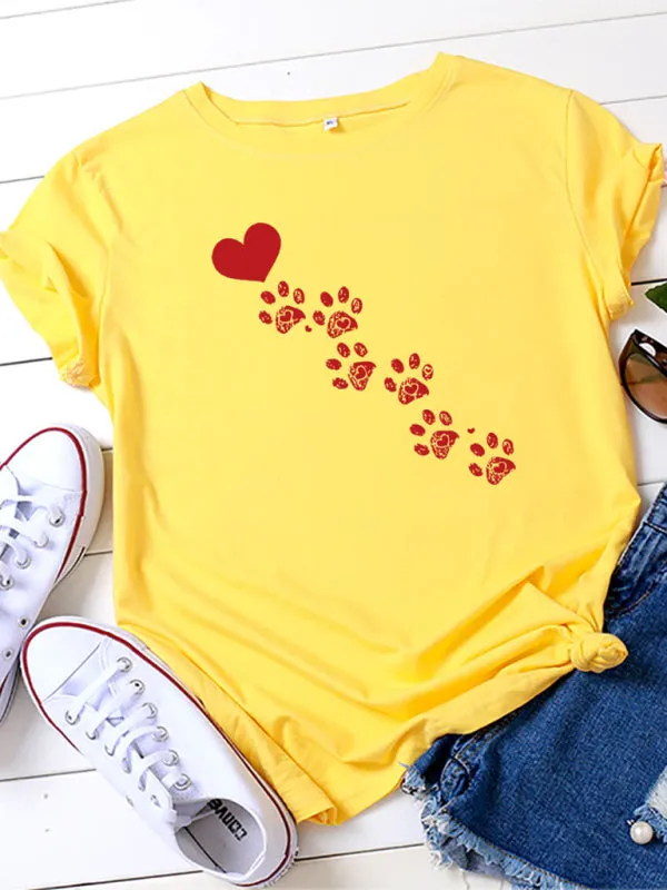 Love Animal Footprint Casual Cotton Short-sleeved T-shirt