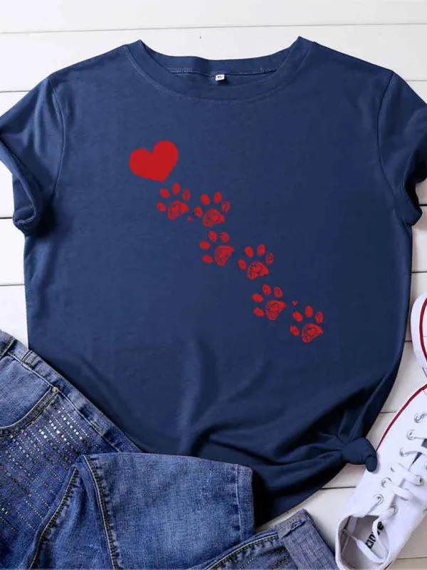 Love Animal Footprint Casual Cotton Short-sleeved T-shirt