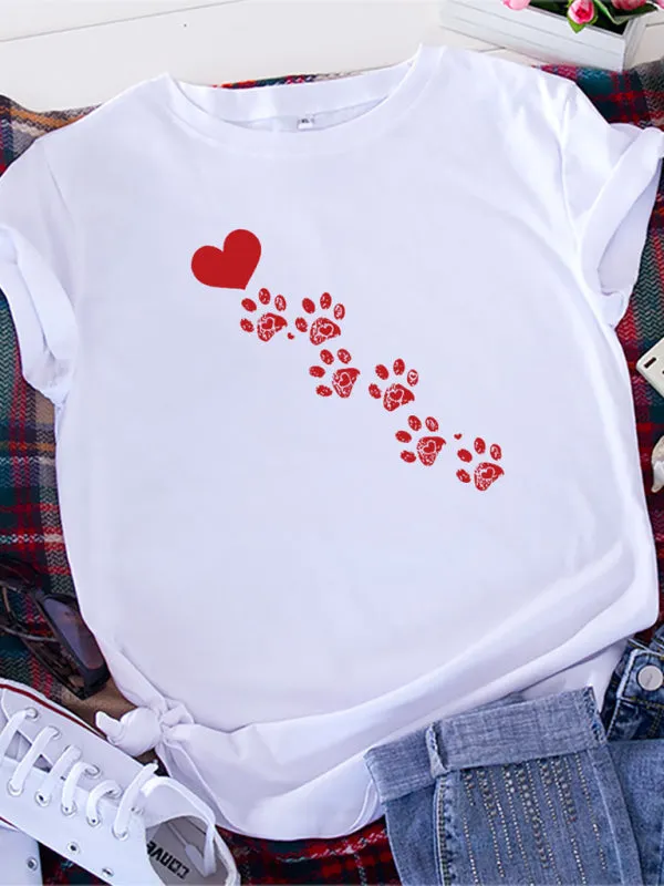 Love Animal Footprint Casual Cotton Short-sleeved T-shirt