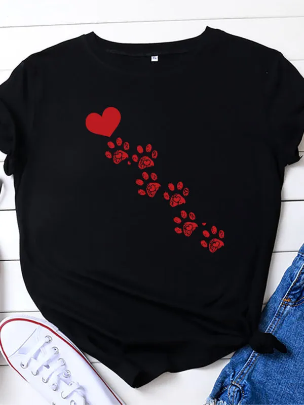 Love Animal Footprint Casual Cotton Short-sleeved T-shirt