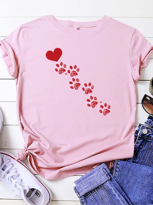 Love Animal Footprint Casual Cotton Short-sleeved T-shirt
