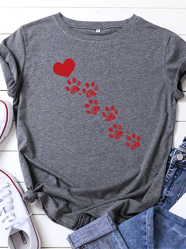 Love Animal Footprint Casual Cotton Short-sleeved T-shirt
