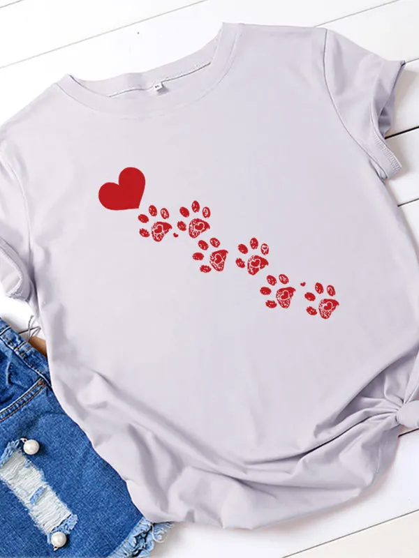 Love Animal Footprint Casual Cotton Short-sleeved T-shirt