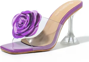 MAIERNISI JESSI Women Flowers High Heels Mules Sandals Square Toe Slip on Dress Bridal Wedding Sandals