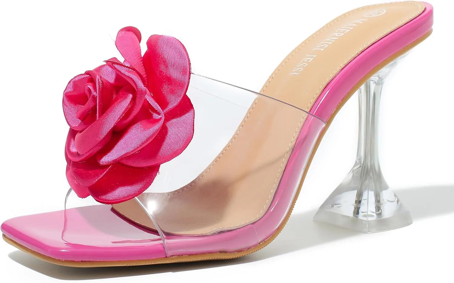 MAIERNISI JESSI Women Flowers High Heels Mules Sandals Square Toe Slip on Dress Bridal Wedding Sandals