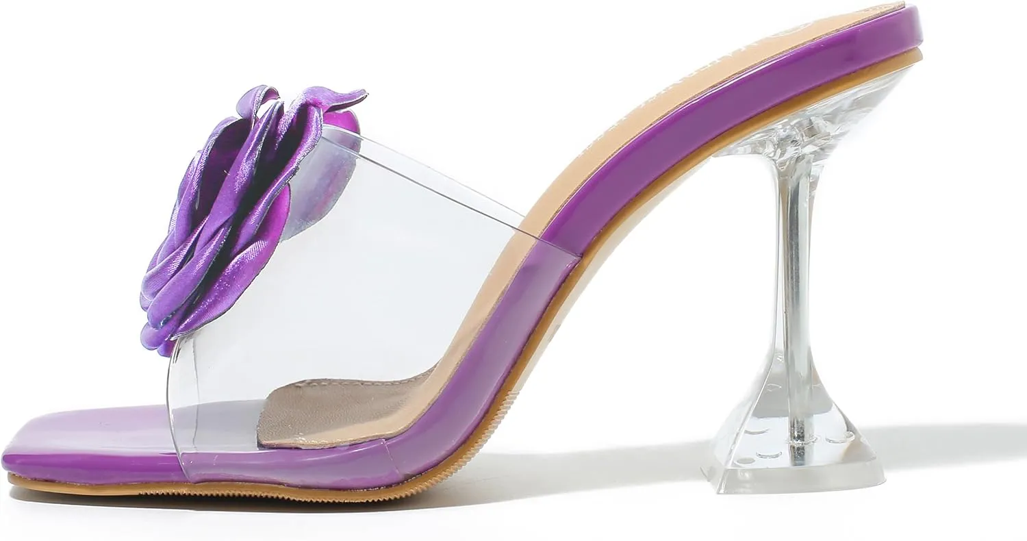 MAIERNISI JESSI Women Flowers High Heels Mules Sandals Square Toe Slip on Dress Bridal Wedding Sandals