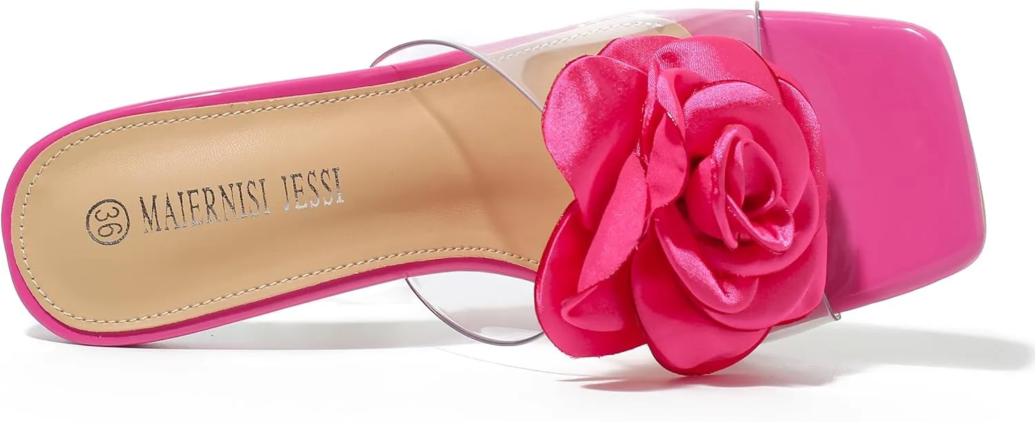 MAIERNISI JESSI Women Flowers High Heels Mules Sandals Square Toe Slip on Dress Bridal Wedding Sandals