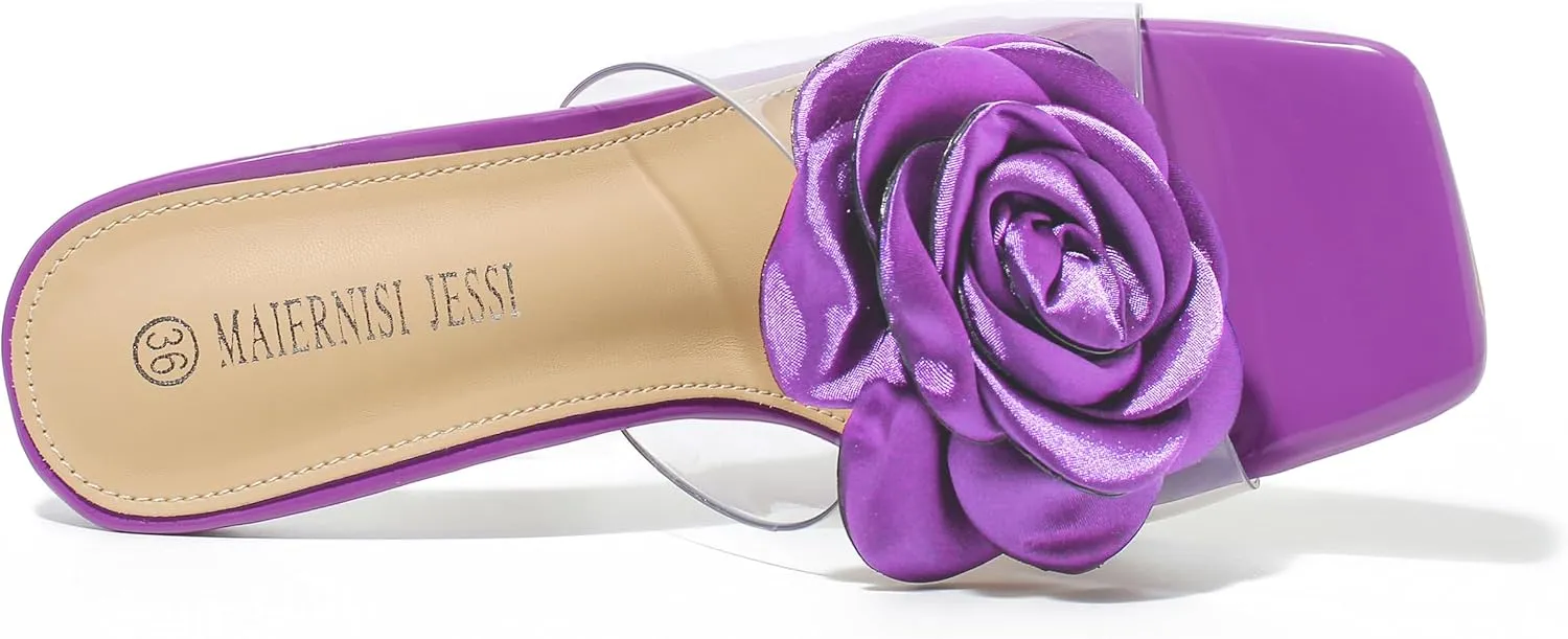 MAIERNISI JESSI Women Flowers High Heels Mules Sandals Square Toe Slip on Dress Bridal Wedding Sandals