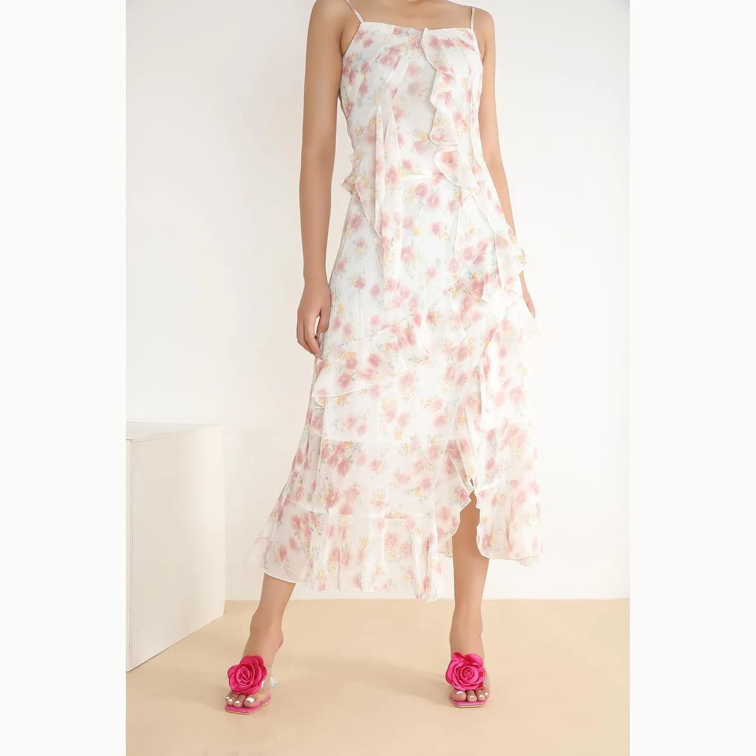 MAIERNISI JESSI Women Flowers High Heels Mules Sandals Square Toe Slip on Dress Bridal Wedding Sandals