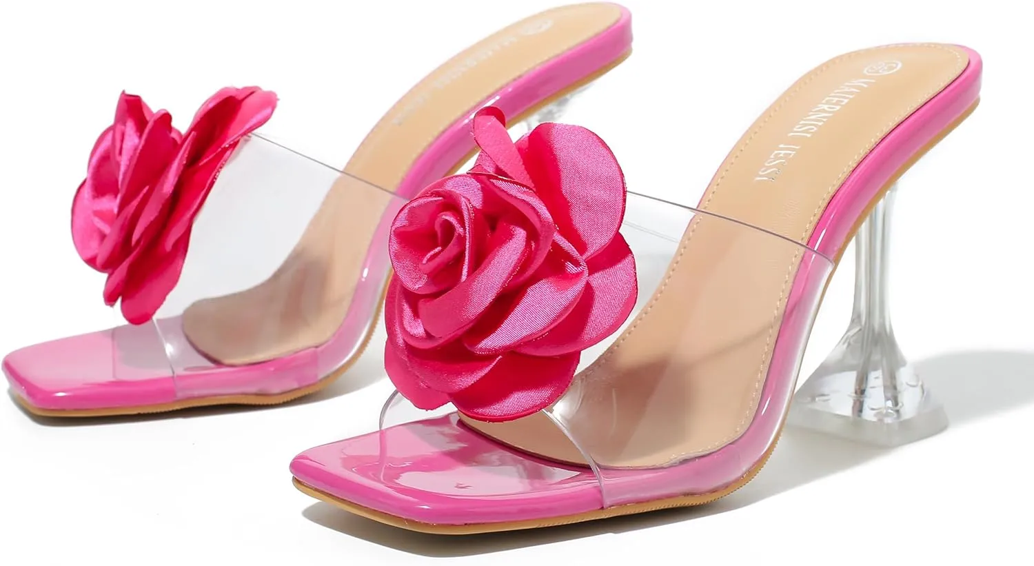 MAIERNISI JESSI Women Flowers High Heels Mules Sandals Square Toe Slip on Dress Bridal Wedding Sandals