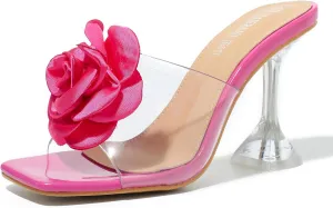 MAIERNISI JESSI Women Flowers High Heels Mules Sandals Square Toe Slip on Dress Bridal Wedding Sandals