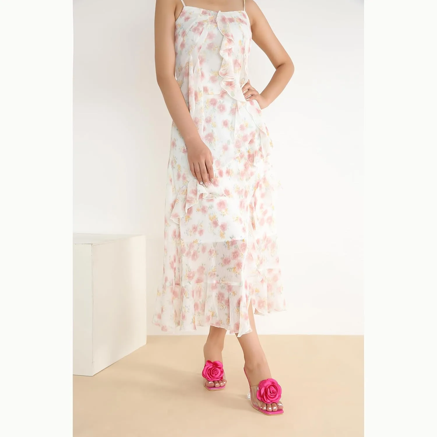 MAIERNISI JESSI Women Flowers High Heels Mules Sandals Square Toe Slip on Dress Bridal Wedding Sandals