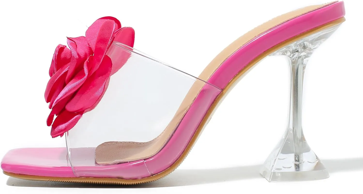 MAIERNISI JESSI Women Flowers High Heels Mules Sandals Square Toe Slip on Dress Bridal Wedding Sandals