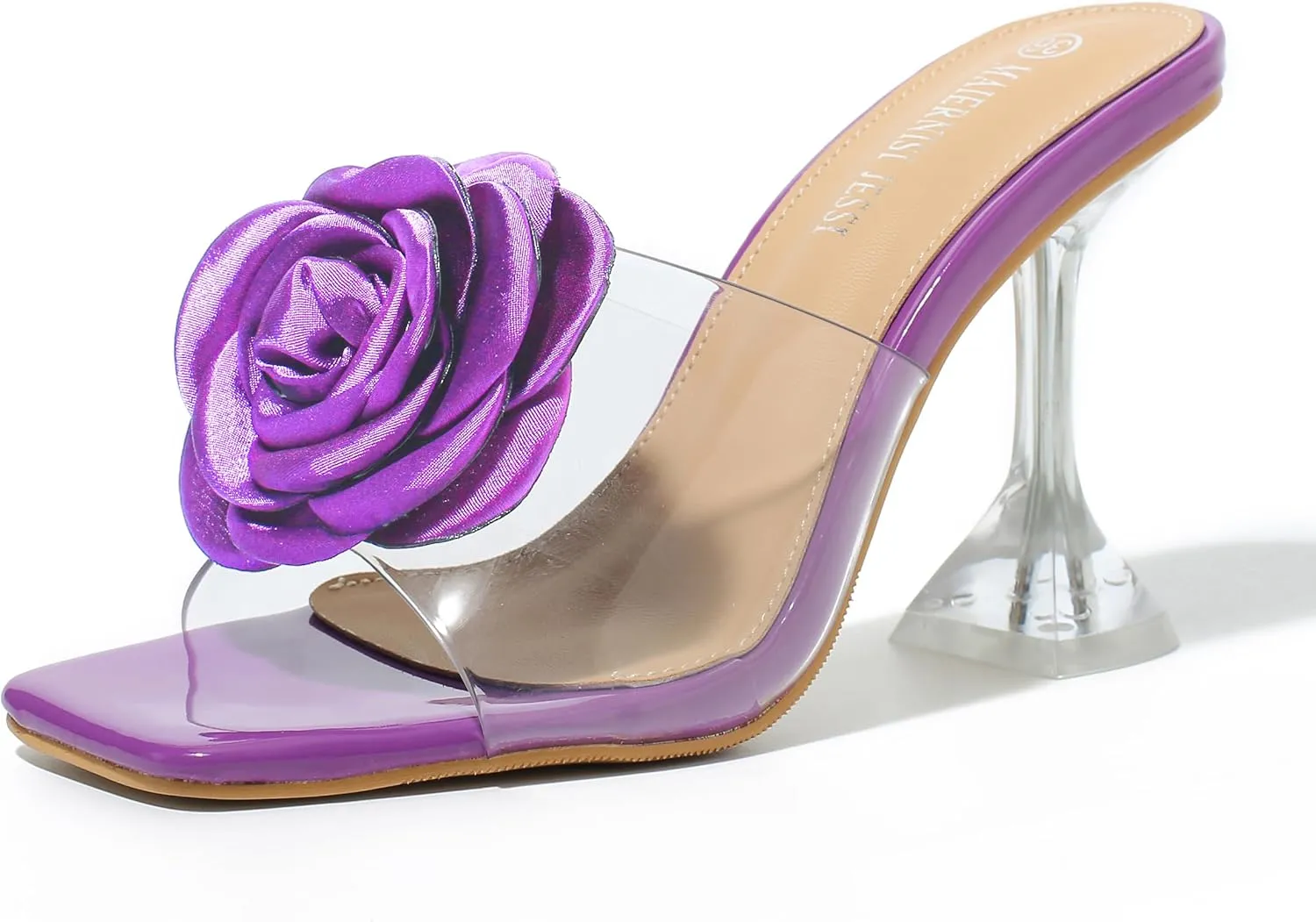 MAIERNISI JESSI Women Flowers High Heels Mules Sandals Square Toe Slip on Dress Bridal Wedding Sandals