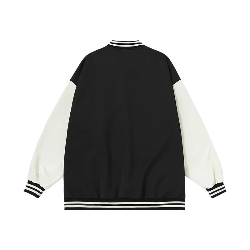 Matching color patchwork monogram-print button-down baseball jacket for couples