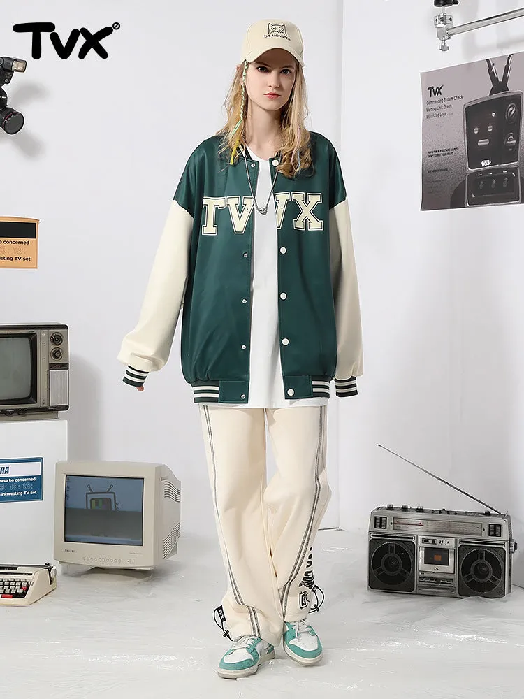 Matching color patchwork monogram-print button-down baseball jacket for couples