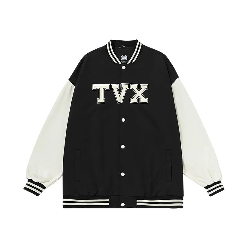 Matching color patchwork monogram-print button-down baseball jacket for couples