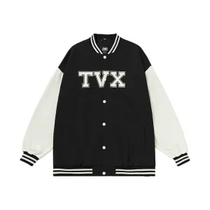 Matching color patchwork monogram-print button-down baseball jacket for couples