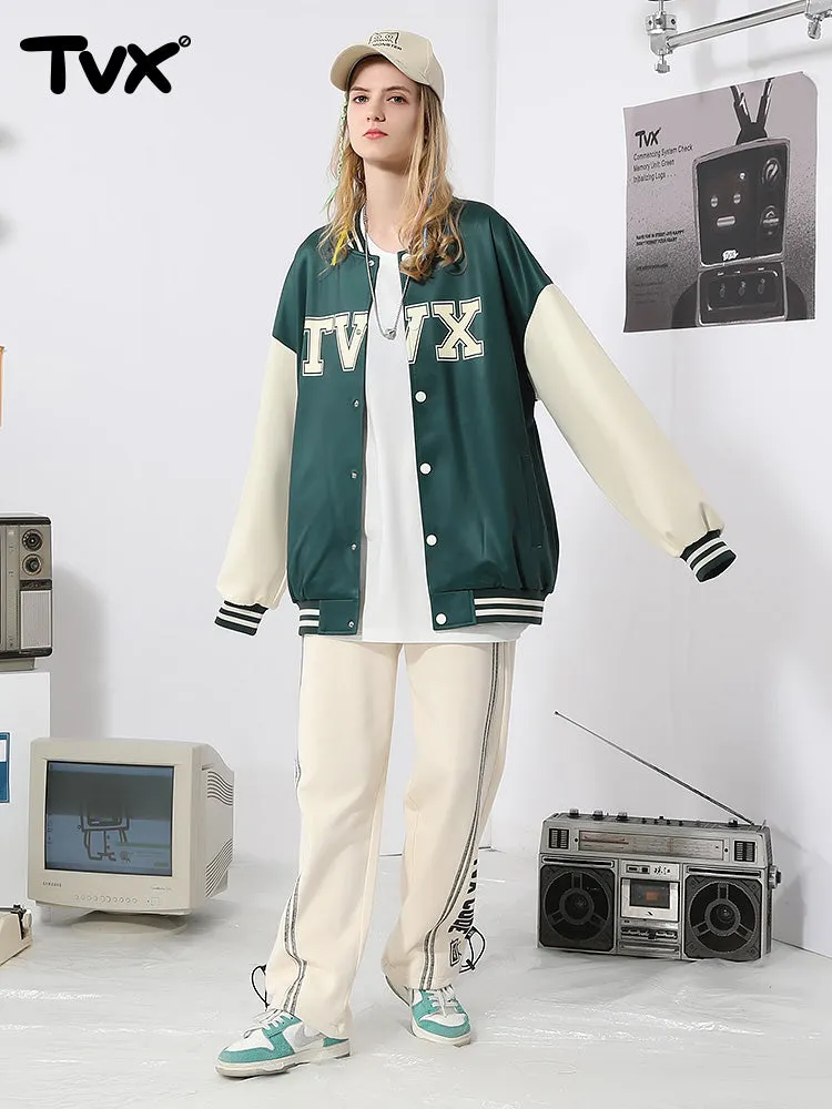 Matching color patchwork monogram-print button-down baseball jacket for couples