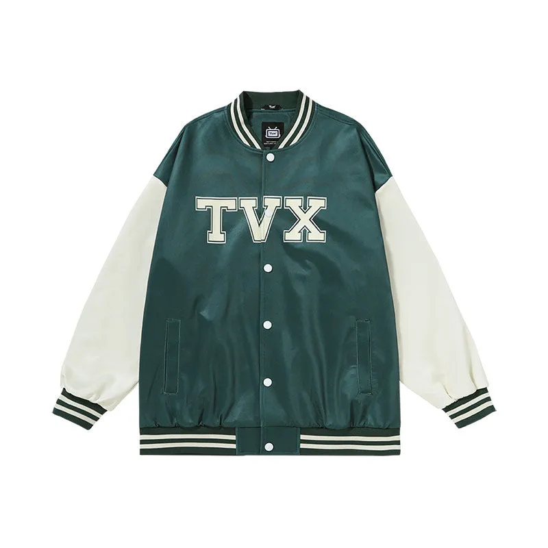 Matching color patchwork monogram-print button-down baseball jacket for couples