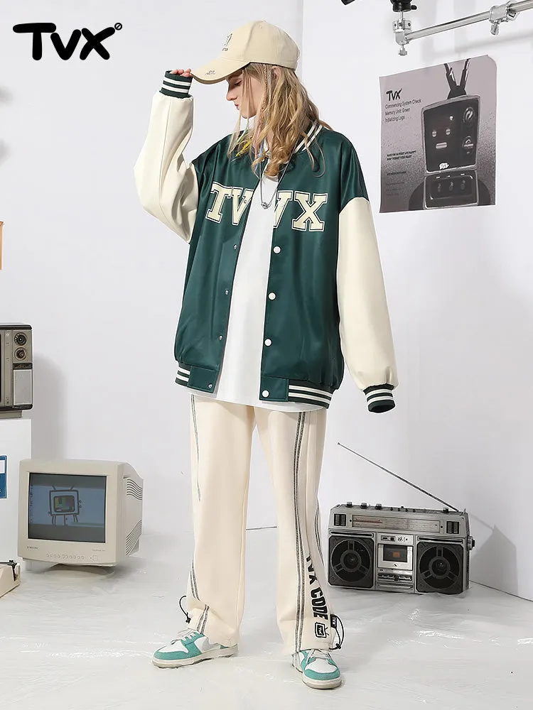 Matching color patchwork monogram-print button-down baseball jacket for couples