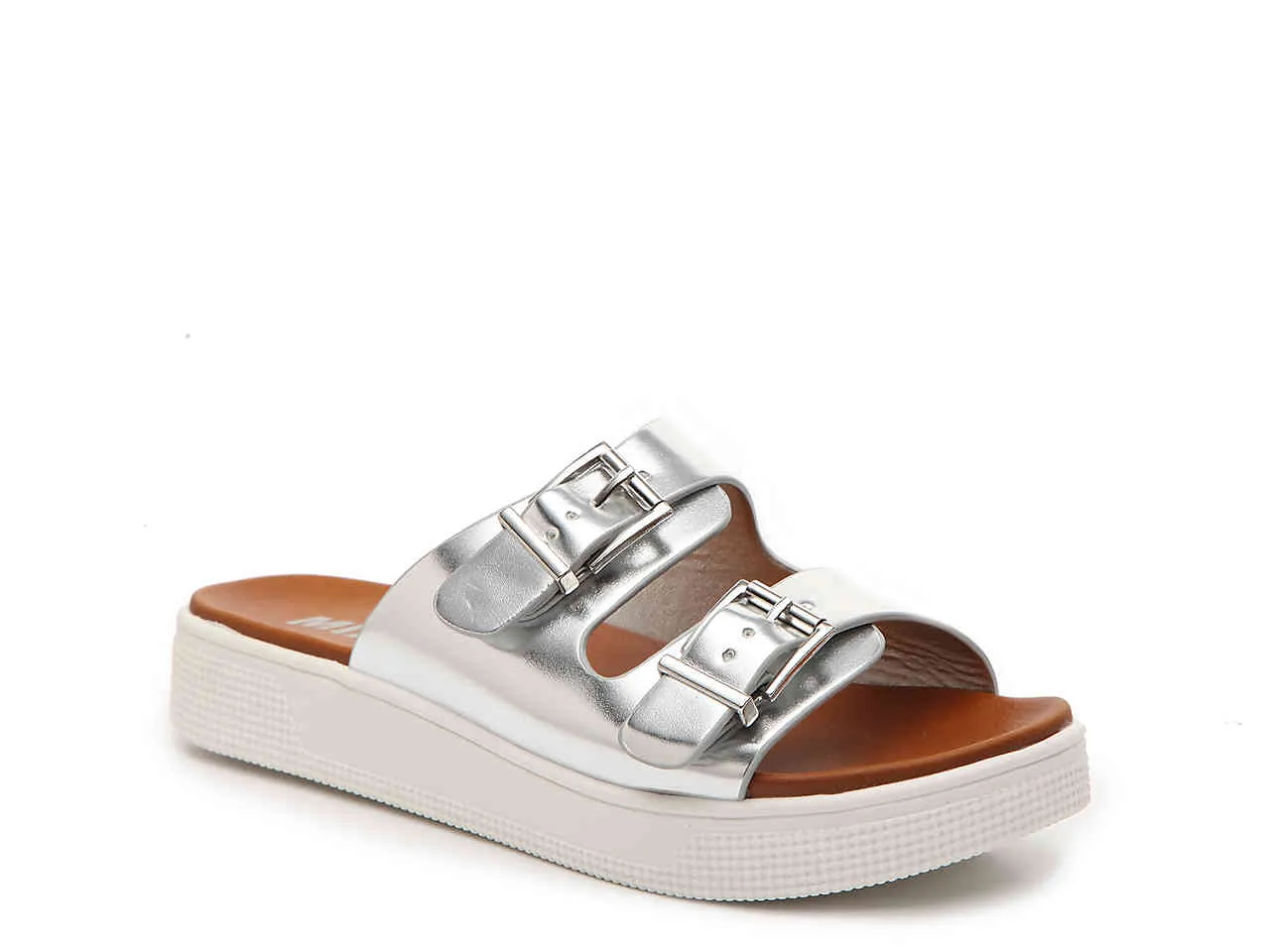 Mia Venessa Silver Double Buckle Comfortable Footbed Slide Mule Platform Sandals
