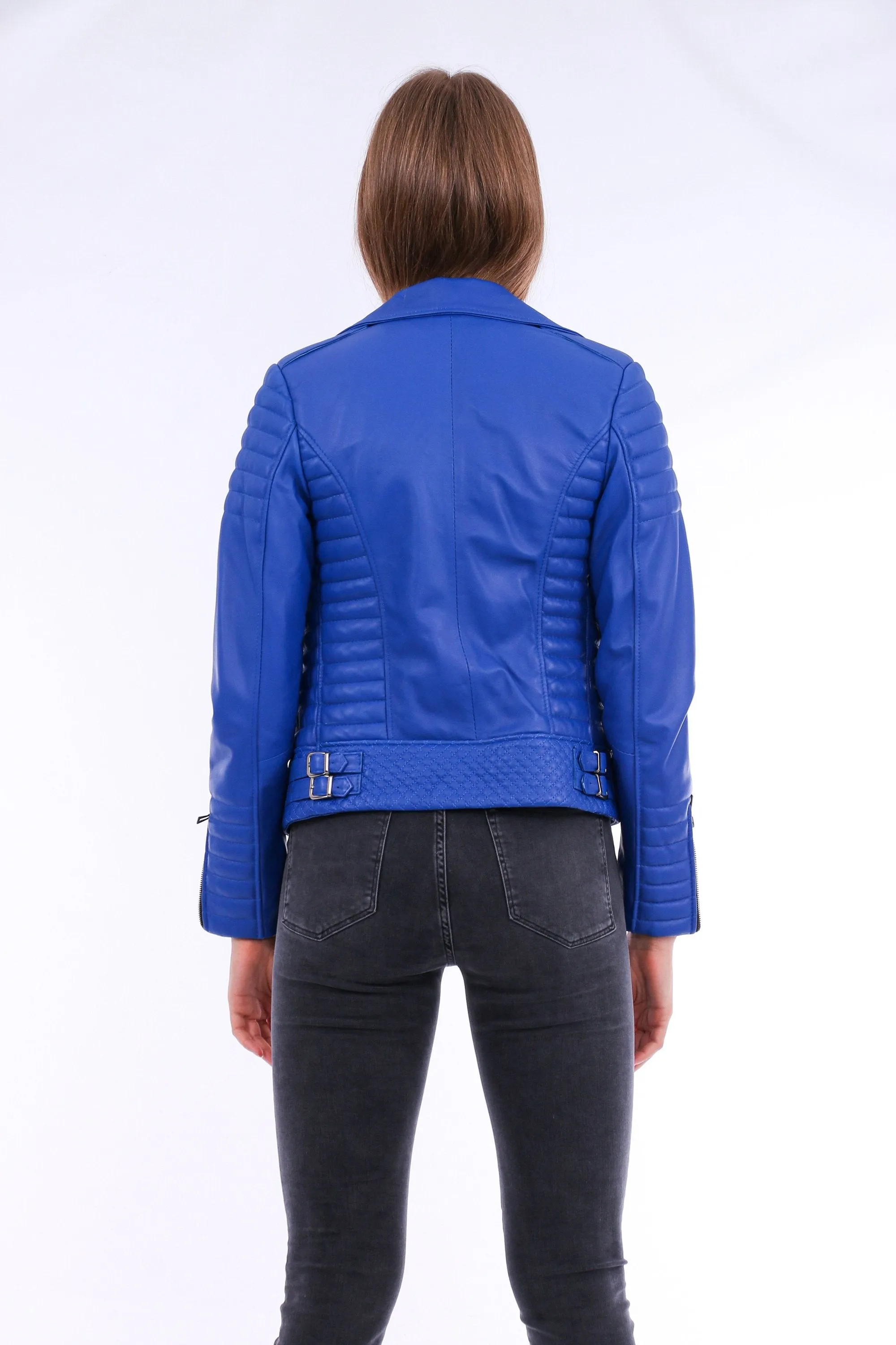 Milani Quilted Leather Biker Jacket - Blue