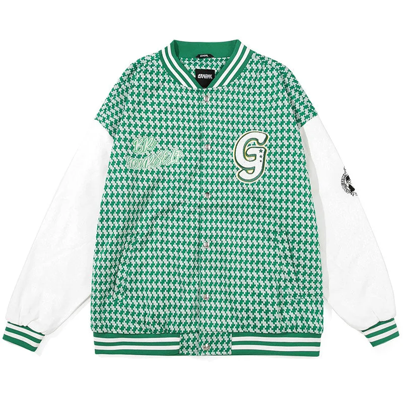 Plaid Letter Jacquard Baseball Collar Jacket