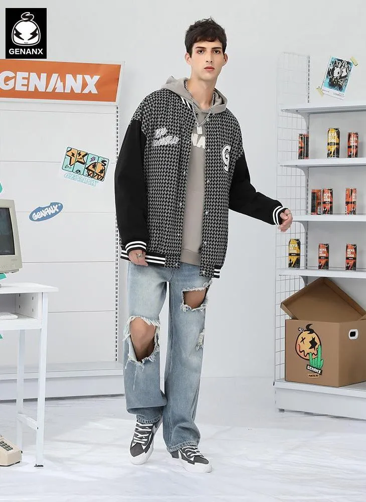 Plaid Letter Jacquard Baseball Collar Jacket