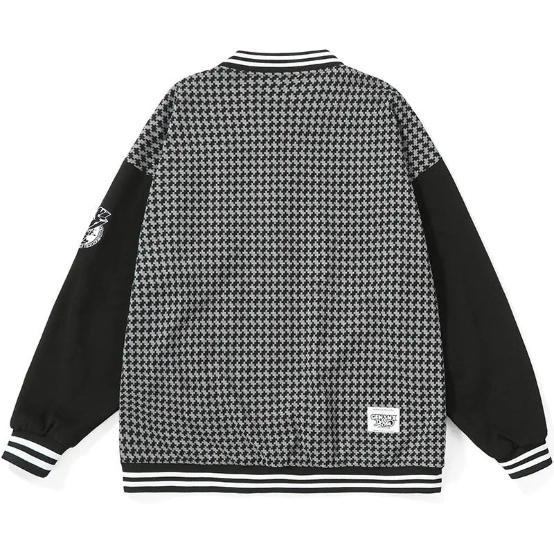 Plaid Letter Jacquard Baseball Collar Jacket