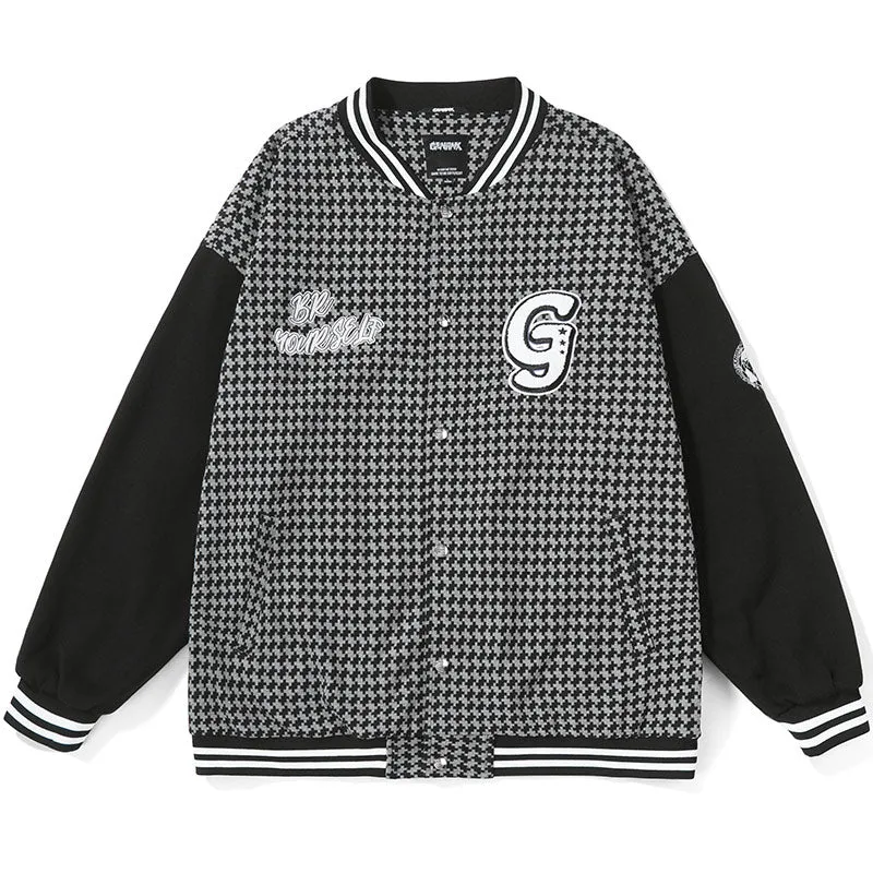 Plaid Letter Jacquard Baseball Collar Jacket