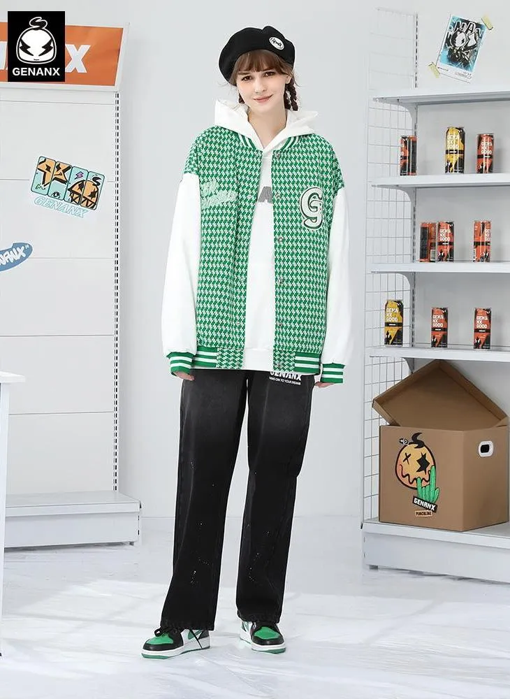 Plaid Letter Jacquard Baseball Collar Jacket