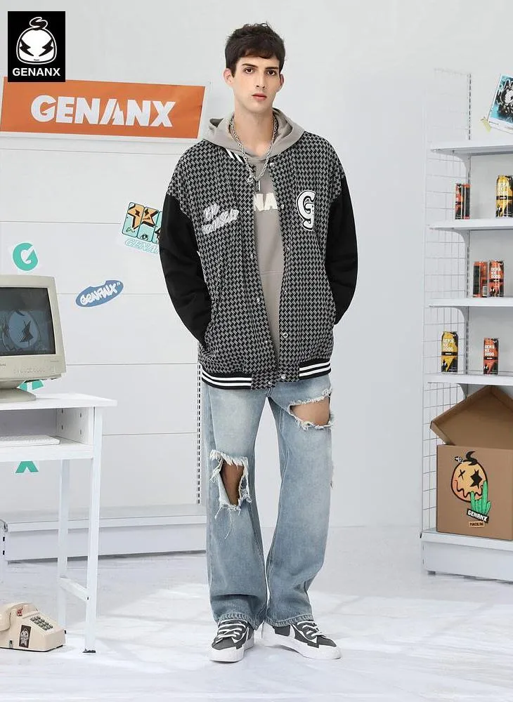 Plaid Letter Jacquard Baseball Collar Jacket