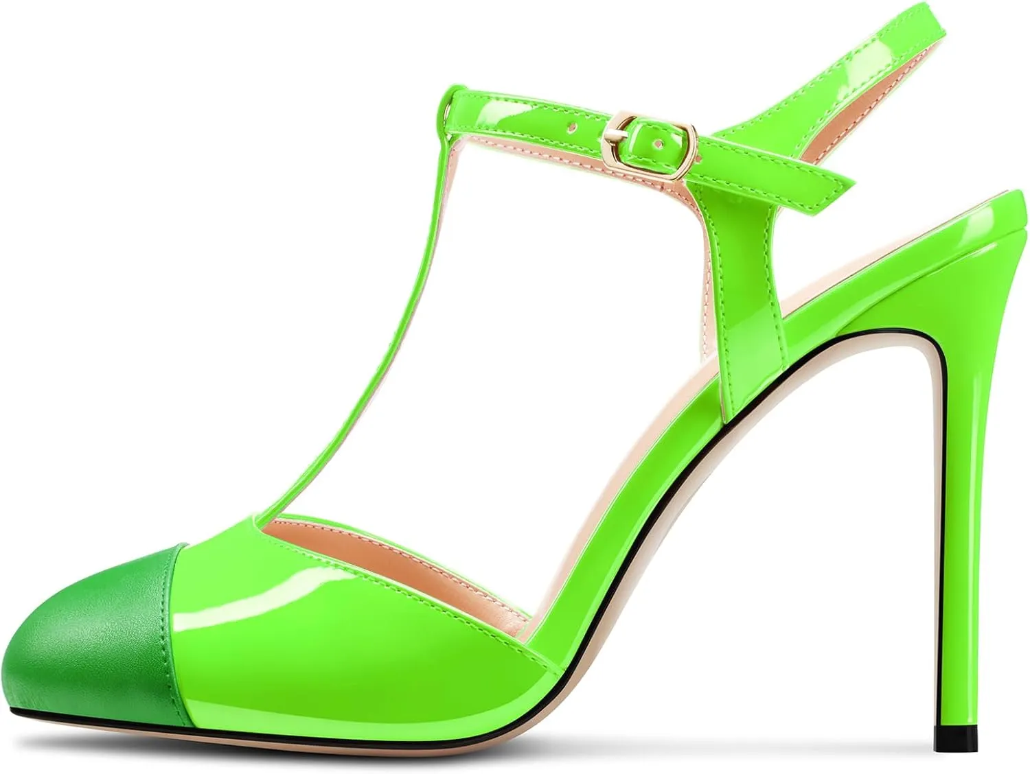 Saekcted Womens Stiletto High Heel Round Toe Pumps Ankle Strap T-Strap Patchwork Prom Cute Summer 3.9 Inches Heels