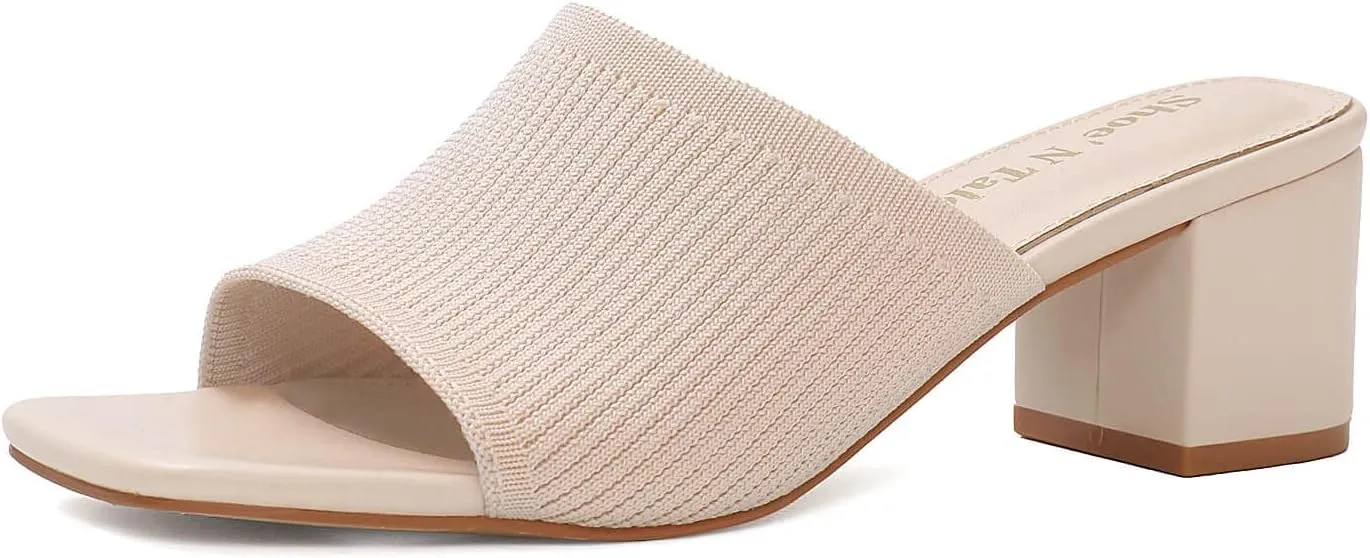 Shoe'N Tale Heeled Sandals For Women Square Open Toe Heeled Mules Chunky Block Low Heel Slip On Slides