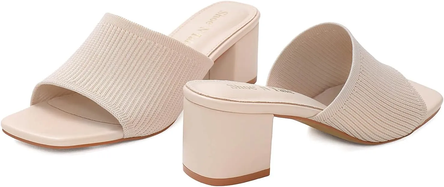 Shoe'N Tale Heeled Sandals For Women Square Open Toe Heeled Mules Chunky Block Low Heel Slip On Slides