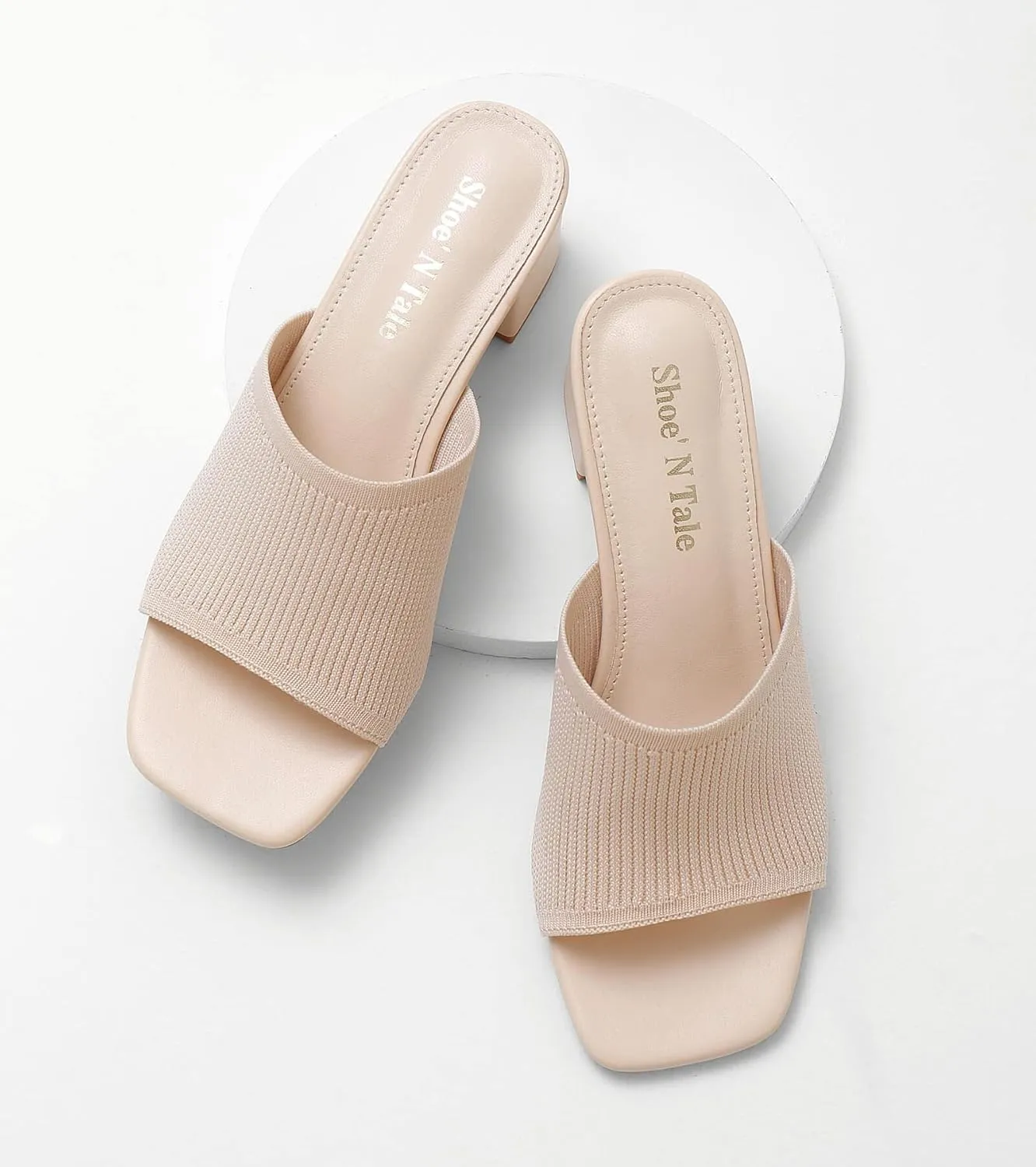 Shoe'N Tale Heeled Sandals For Women Square Open Toe Heeled Mules Chunky Block Low Heel Slip On Slides