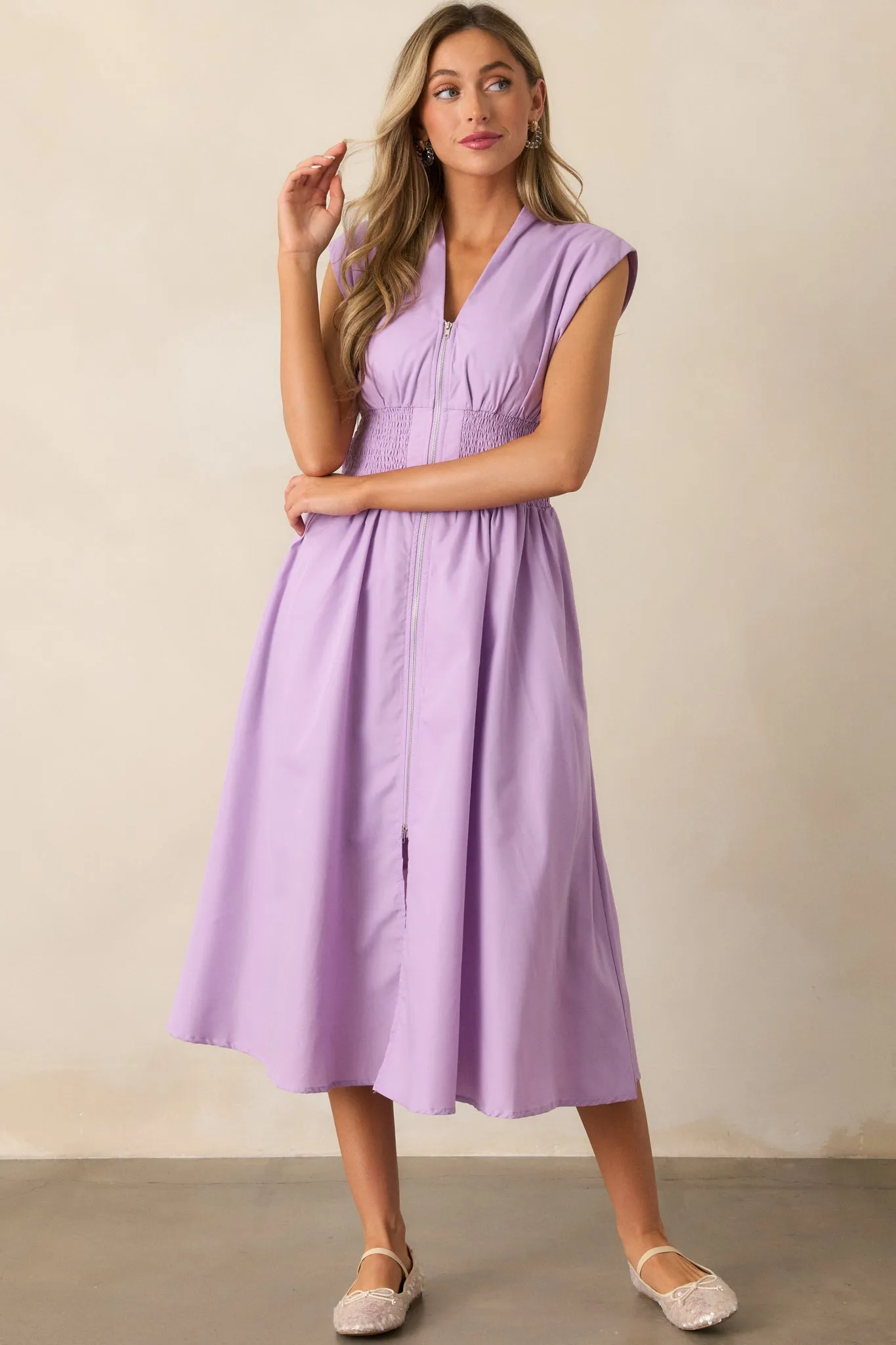 The Evette Lavender Zip Front Midi Dress