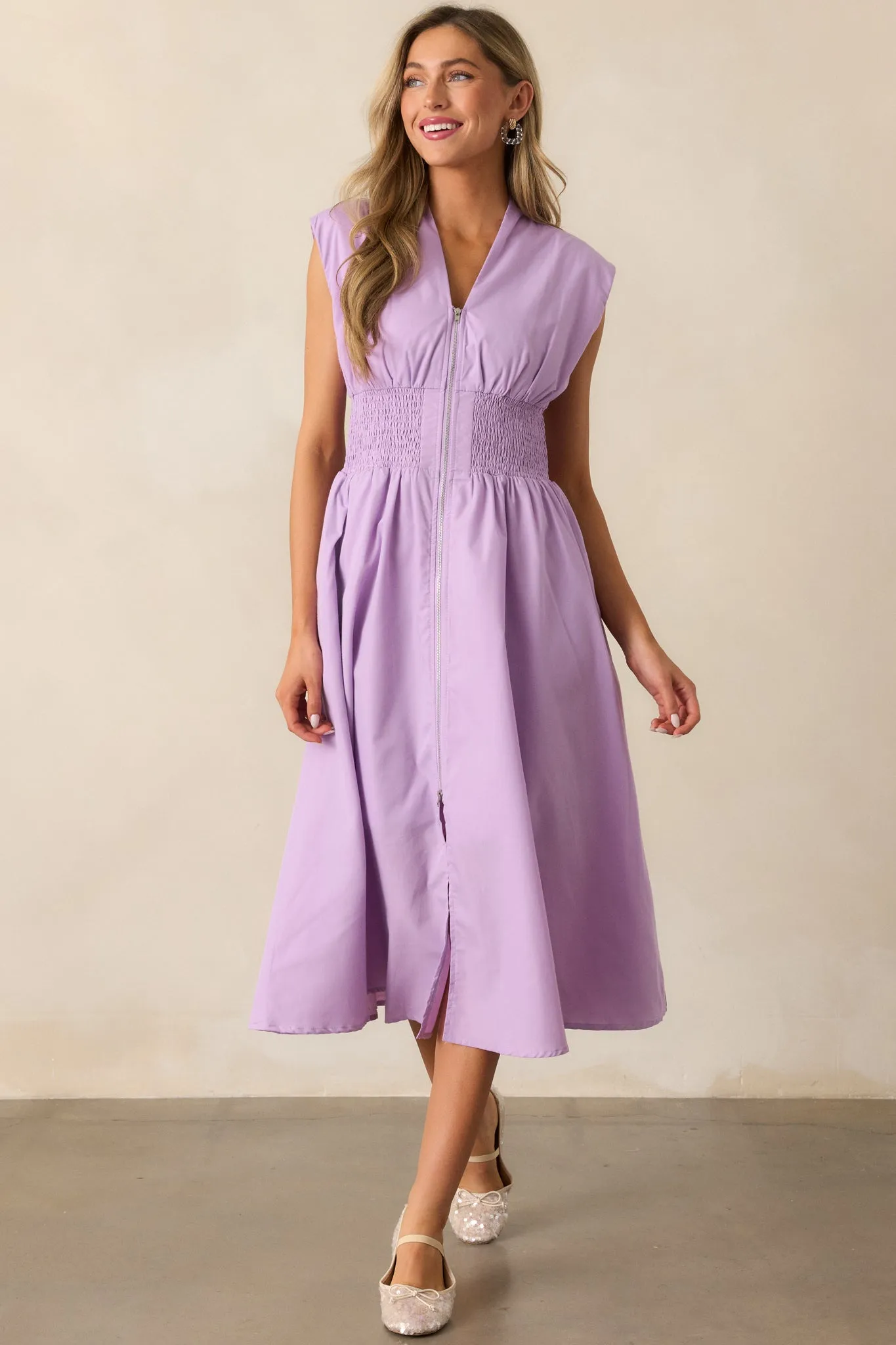The Evette Lavender Zip Front Midi Dress