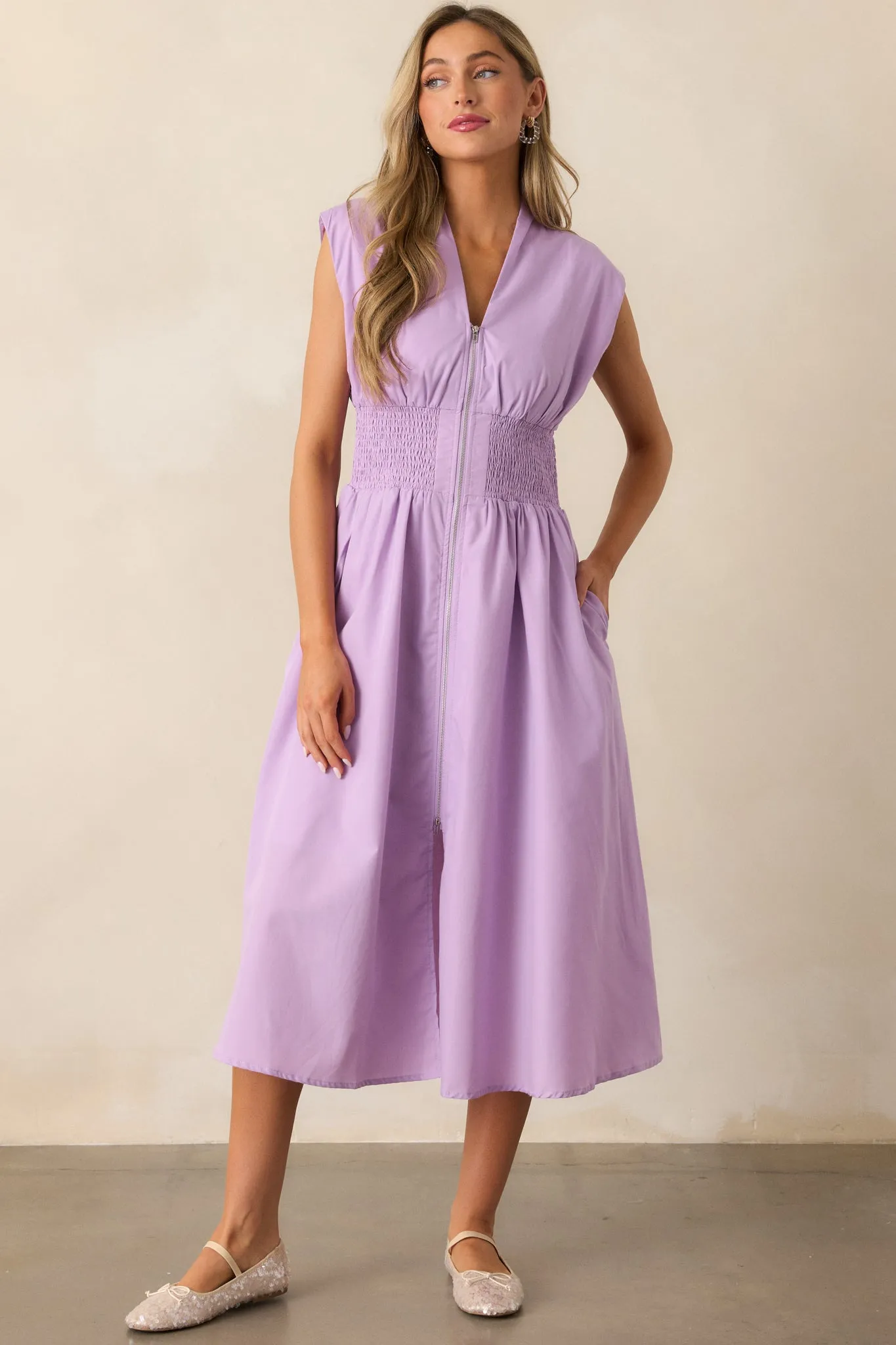 The Evette Lavender Zip Front Midi Dress