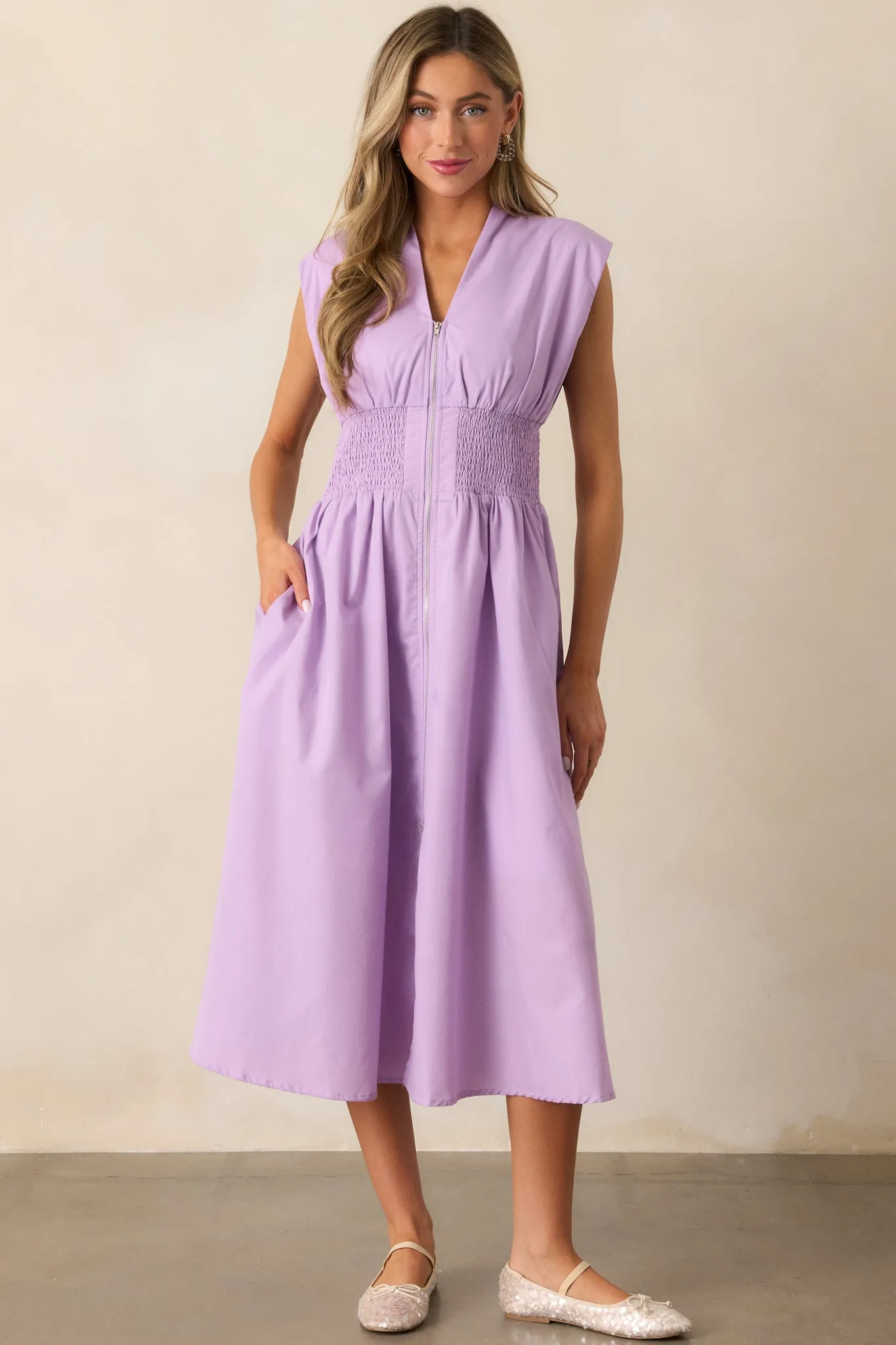 The Evette Lavender Zip Front Midi Dress