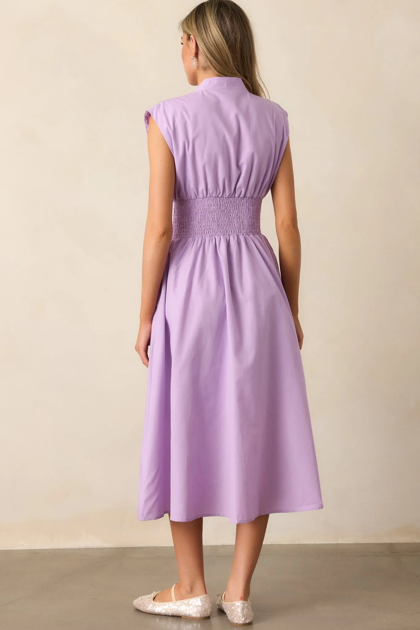 The Evette Lavender Zip Front Midi Dress