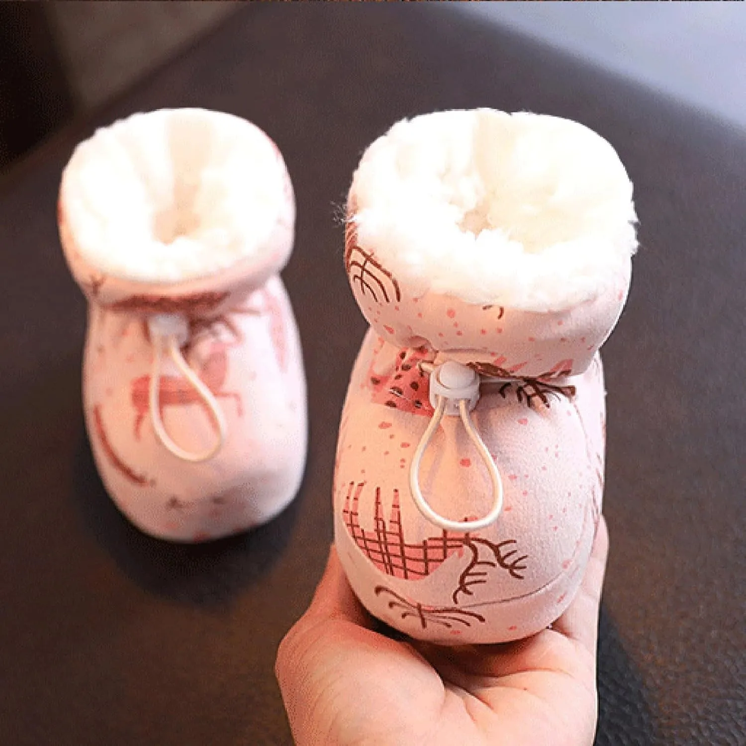Toddler Fuzzy Fleece Plush Lined Booties With Lace Baby Infant Newborn Girls Boys Warm Boots Winter Outdoor Indoor Shoes