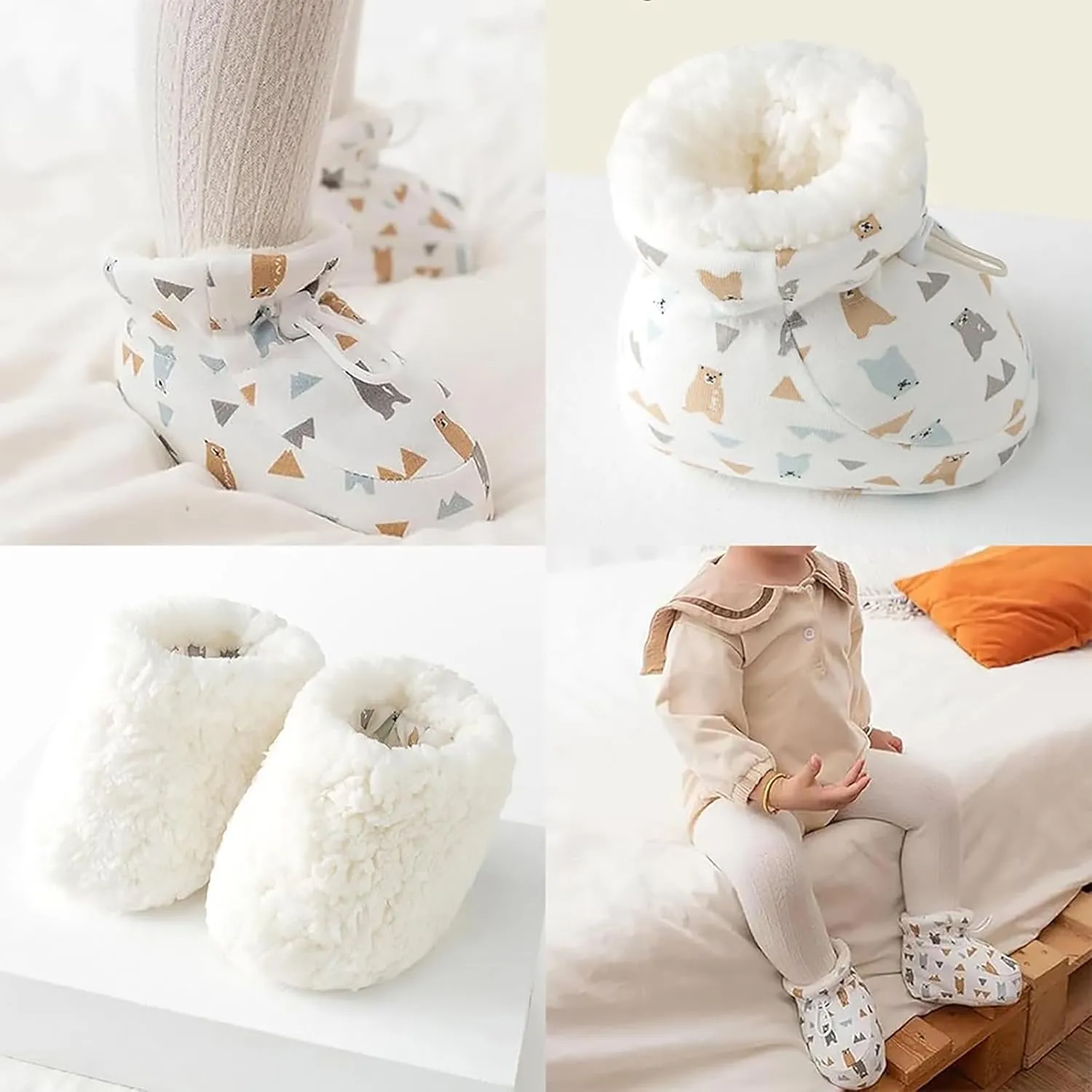 Toddler Fuzzy Fleece Plush Lined Booties With Lace Baby Infant Newborn Girls Boys Warm Boots Winter Outdoor Indoor Shoes