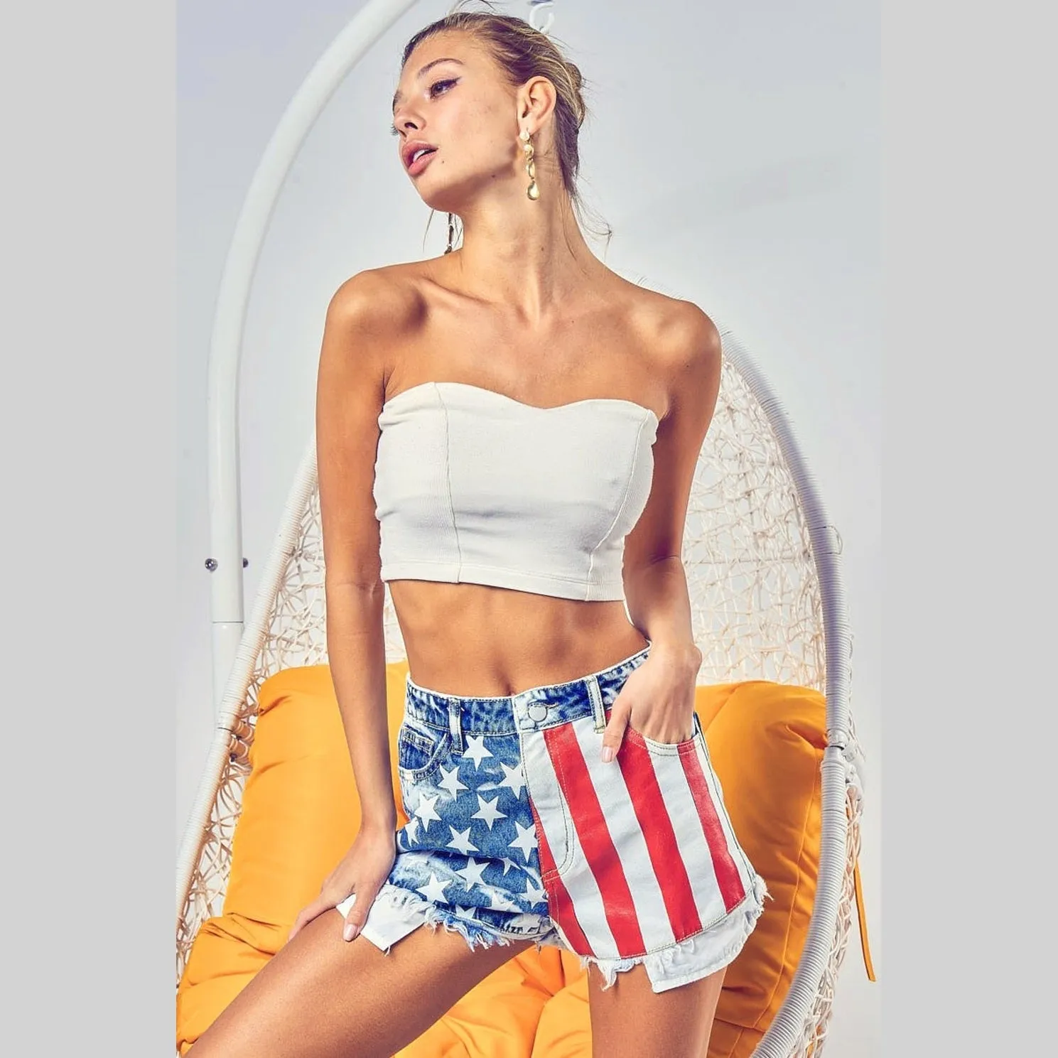 US Flag Theme Bleached Denim Shorts