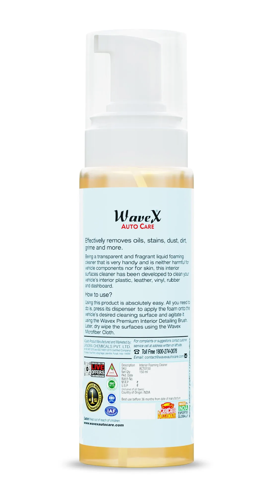 Wavex Foaming Car Interior Cleaner 150 ml | All in One Car Seat Cleaner | Cleans Car Dashboard, Seats, Upholstery and interior surfaces