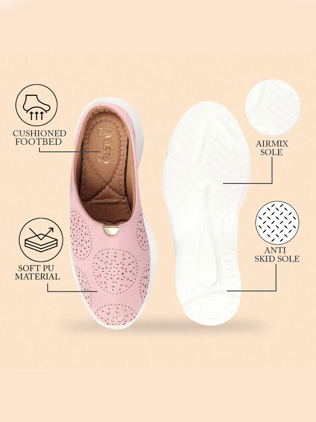 Women Pink Laser Cut Design Back Open Slip On Mules Shoes