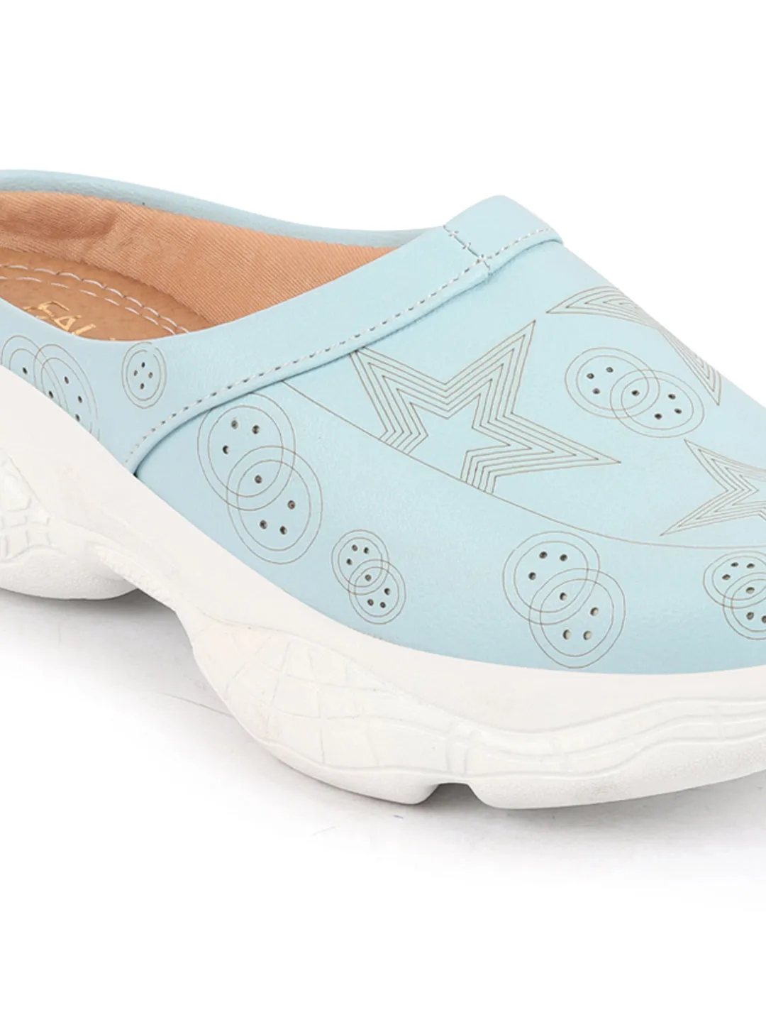 Women Sky Blue Laser Cut Star Design Back Open Slip-On Mules Shoes
