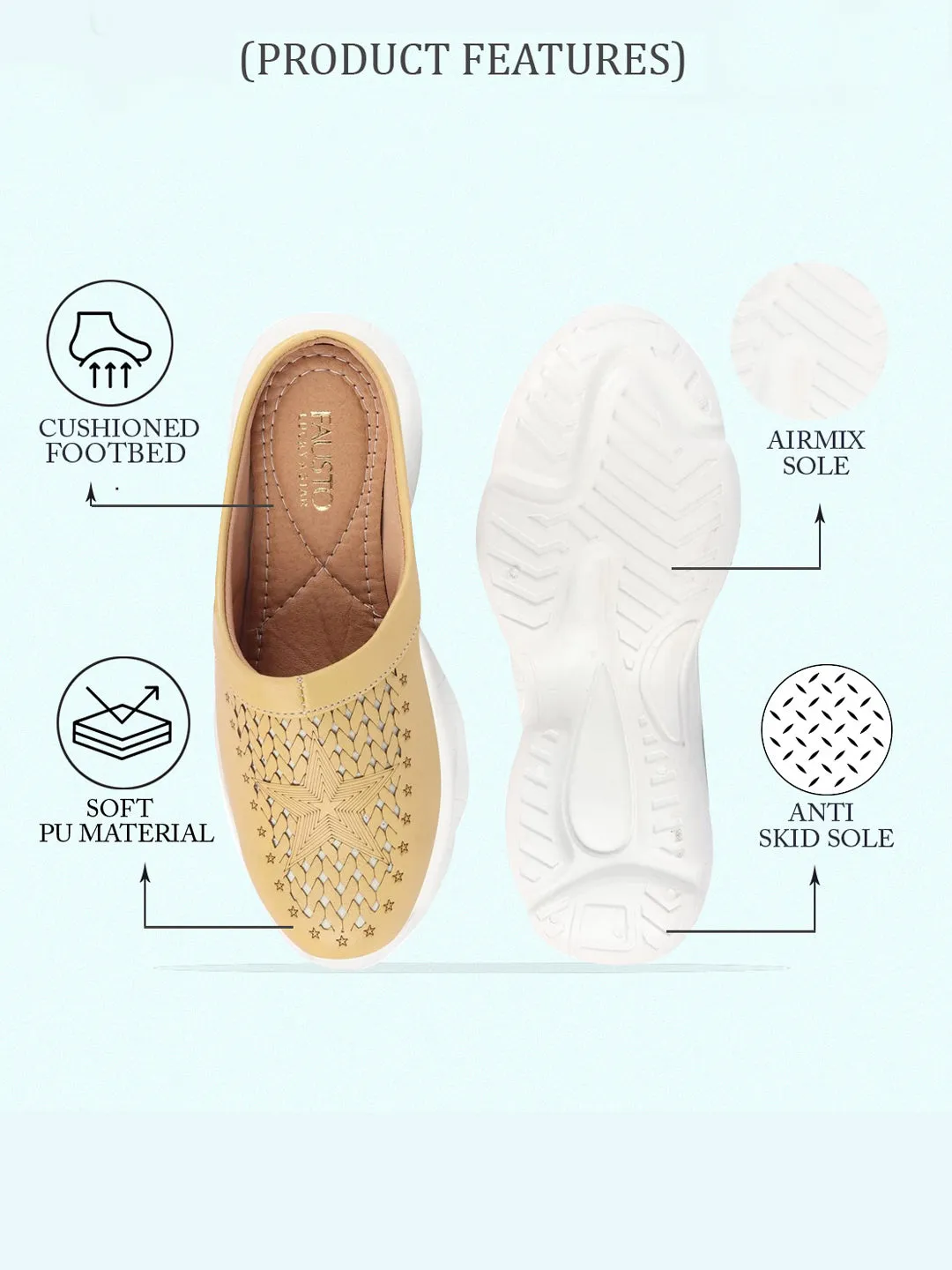Women Yellow Laser Cut Design Stitched Back Open Slip-On Mules Shoes